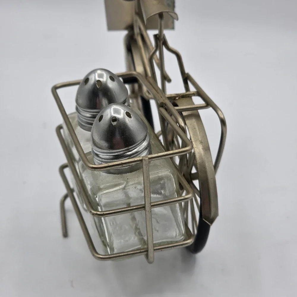 Vtg Novelty Bicycle Salt & Pepper Shakers‎ Set Metal Holder Glass Pamaya Taiwan